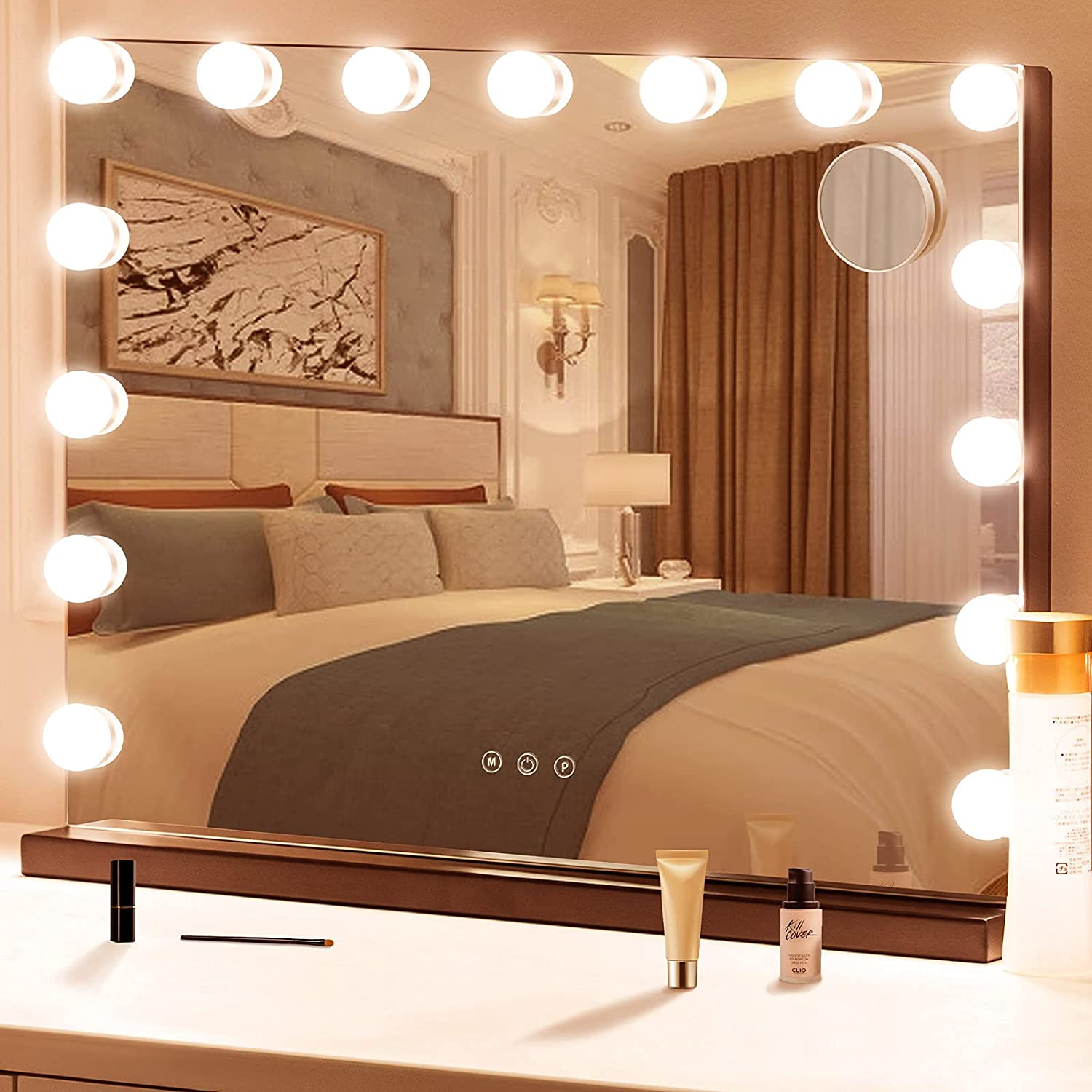 Vanity Mirror with Lights, Hollywood Mirror with 15 Dimmable LED Bulbs and  Charge Ports, Tabletop or Wall Mounted Vanity Makeup Mirror for Bedroom 22.